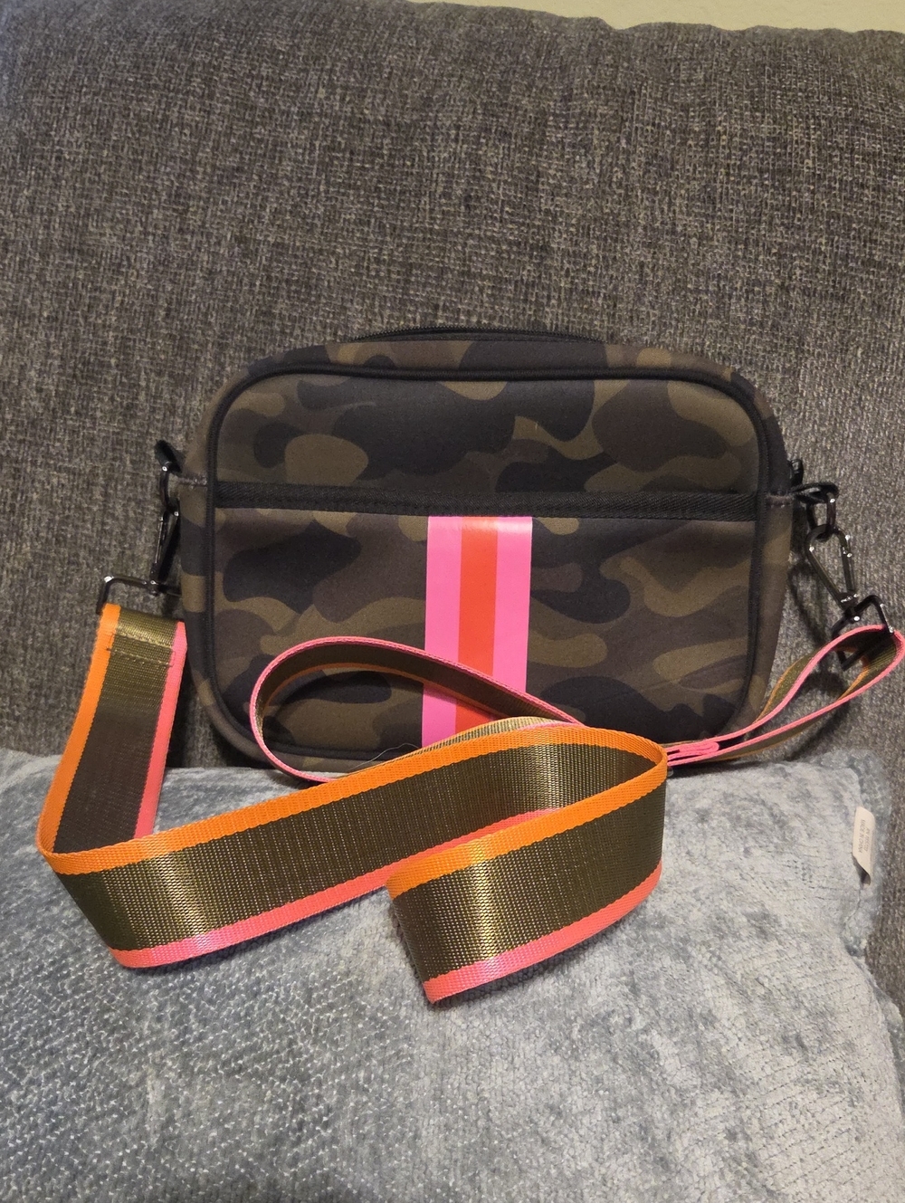 Haute Shore Camouflage Crossbody Bag with Pink Stripe